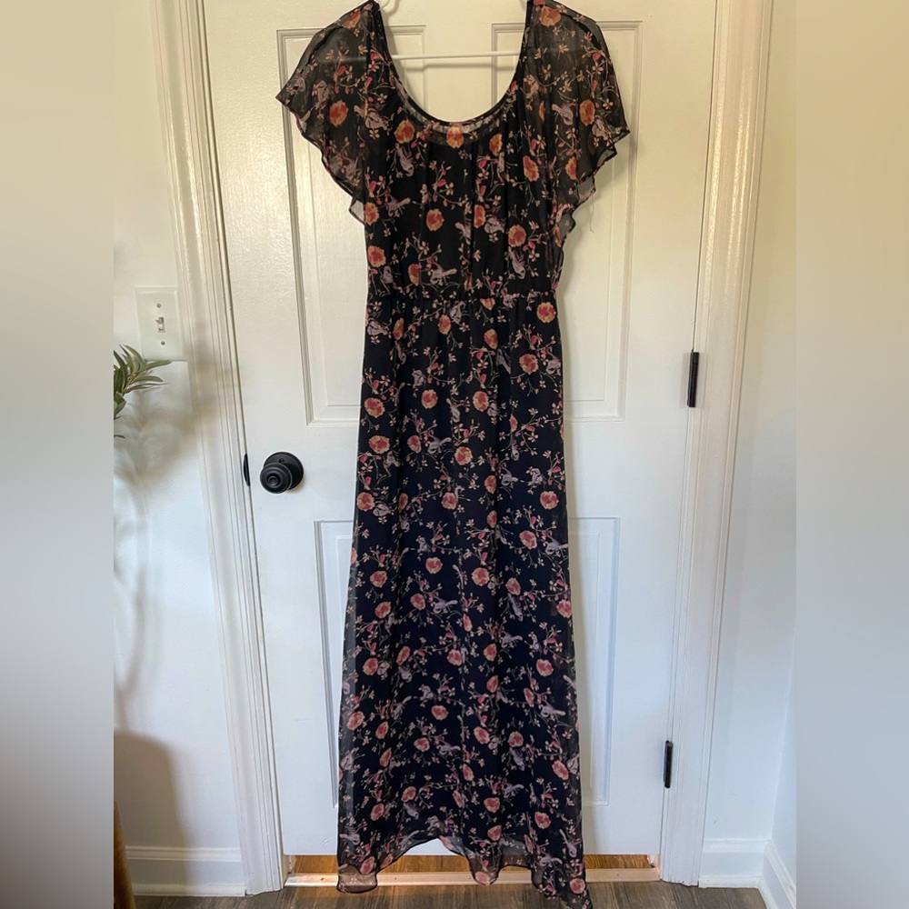 Lauren Conrad Black Floral Bird Pattern Maxi Dress